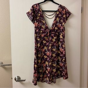 New American Eagle | Burgundy Floral Front Knot V-Neck Shirt Mini Dress, 16
